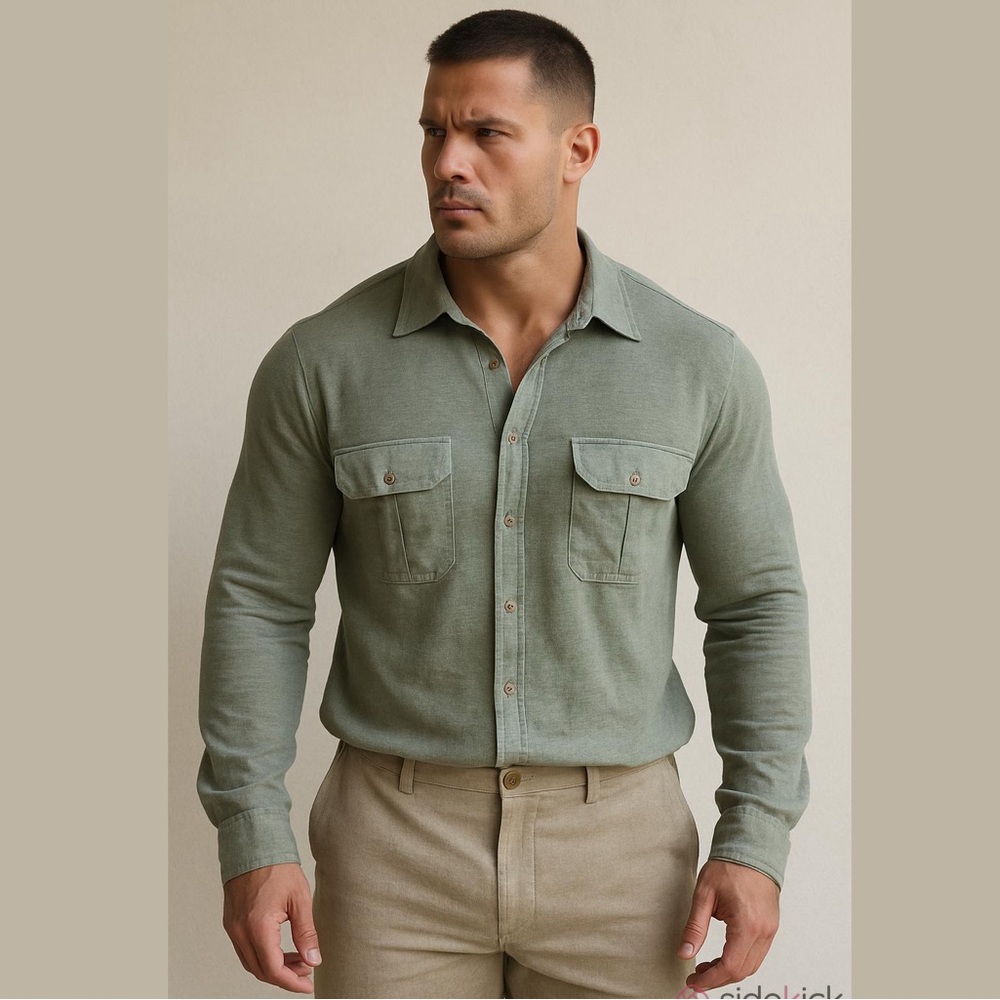 Daniele Fiesoli Khaki Green Linen Flax Knit Safari Shirt Size XL